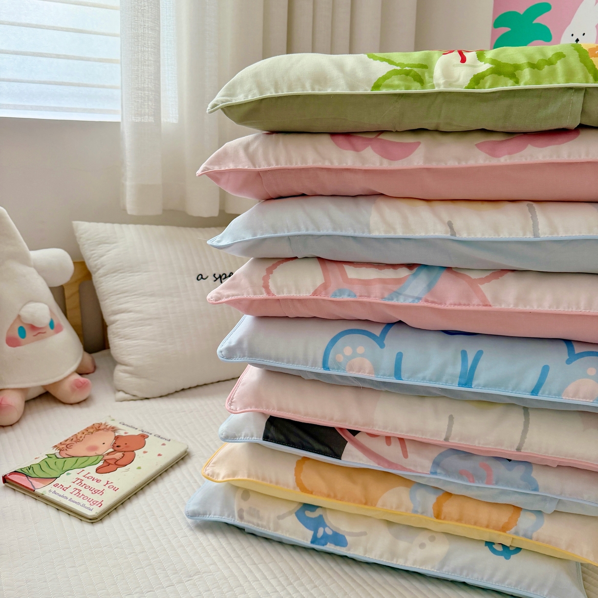 91家纺网 家纺一手货源 找家纺 萌宝家纺 2026春夏纯棉双层纱儿童枕套A类宝宝纱布枕头枕芯（萌宠系列） 组合图仅供参考不可下单