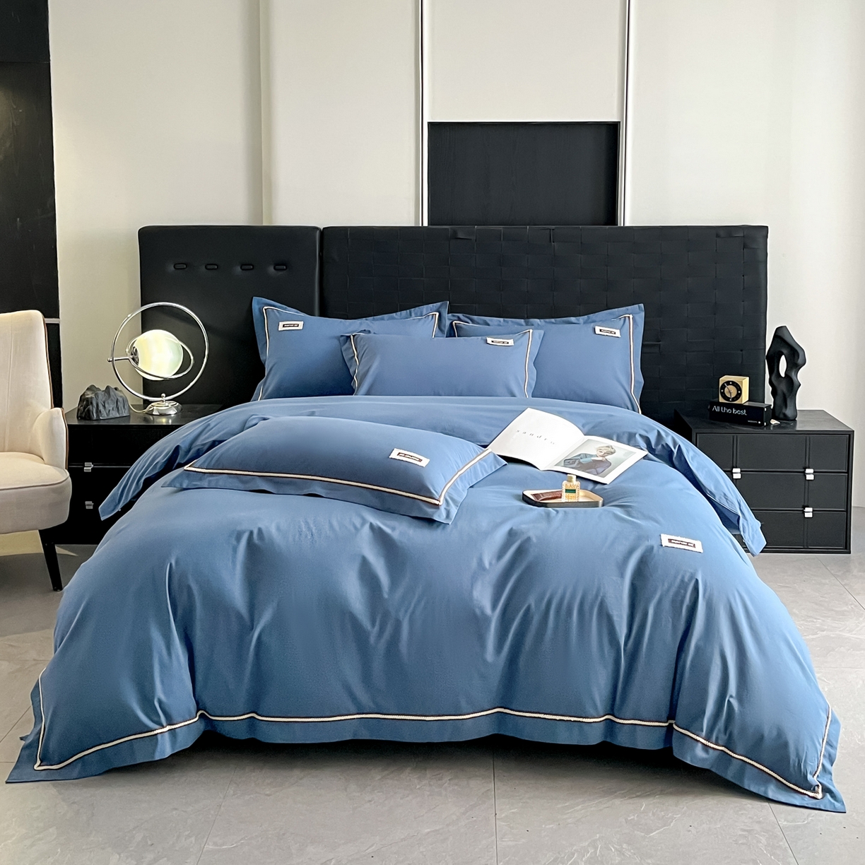 91家纺网 家纺一手货源 找家纺 佳汐蓝家纺 2026春夏新款高支高密全棉纯棉四件套-锦绫系列 锦绫-宾利蓝