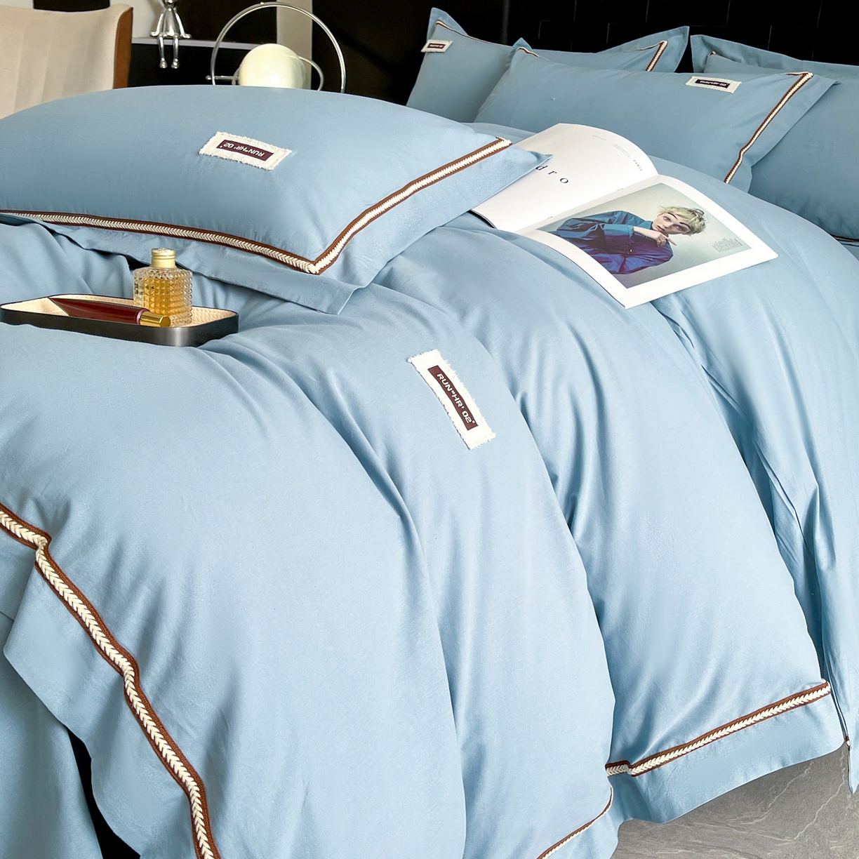 91家纺网 家纺一手货源 找家纺 佳汐蓝家纺 2026春夏新款高支高密全棉纯棉四件套-锦绫系列 锦绫-海青