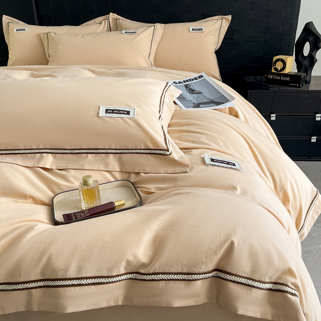 91家纺网 家纺一手货源 找家纺 佳汐蓝家纺 2026春夏新款高支高密全棉纯棉四件套-锦绫系列 锦绫-奶茶