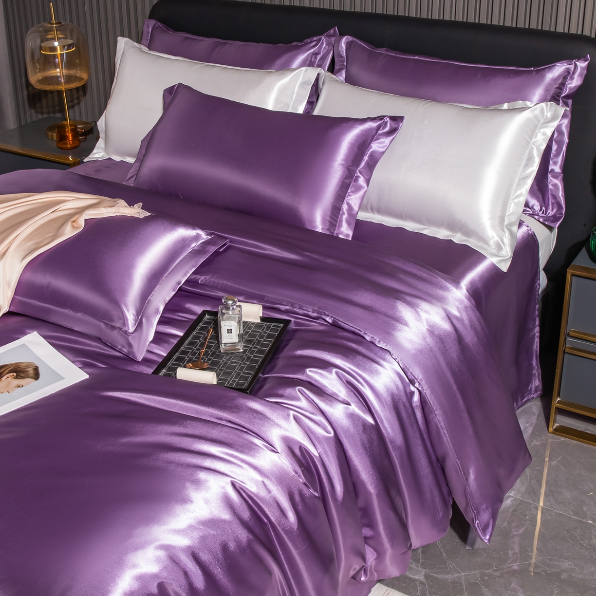 91家纺网 家纺一手货源 找家纺 （总）莱越家纺 2026夏季款高端轻奢水洗真丝四件套丝滑裸睡丝绸纯色冰丝四件套系列可承接外贸订货