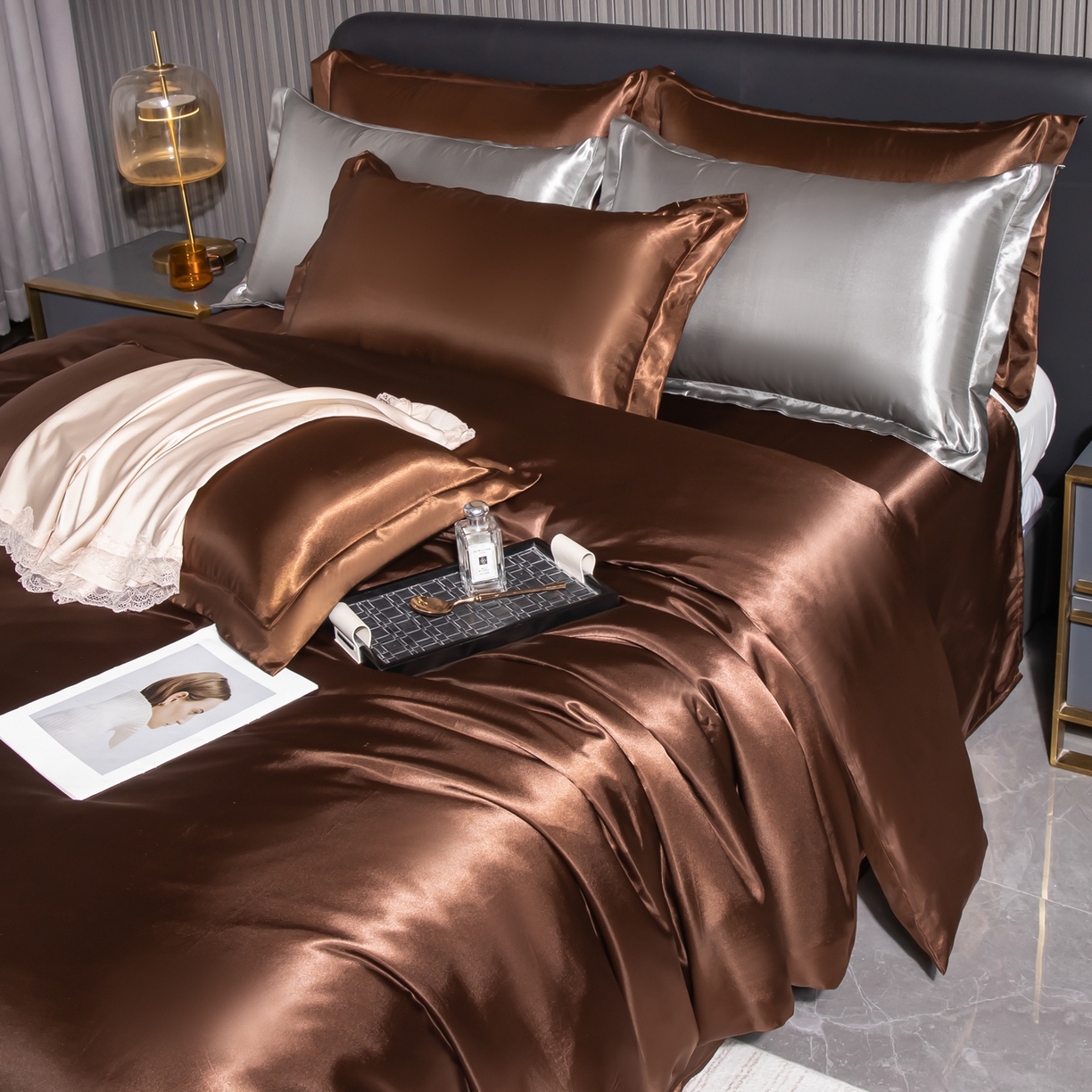 91家纺网 家纺一手货源 找家纺 （总）莱越家纺 2026夏季款高端轻奢水洗真丝四件套丝滑裸睡丝绸纯色冰丝四件套系列可承接外贸订货