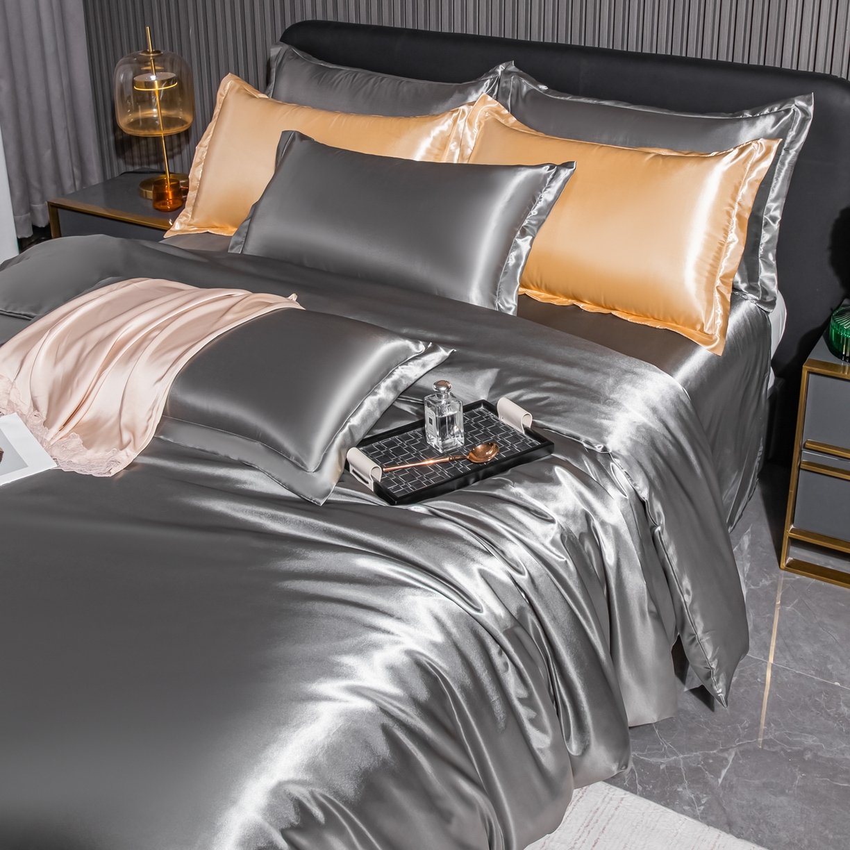 91家纺网 家纺一手货源 找家纺 （总）莱越家纺 2026夏季款高端轻奢水洗真丝四件套丝滑裸睡丝绸纯色冰丝四件套系列可承接外贸订货