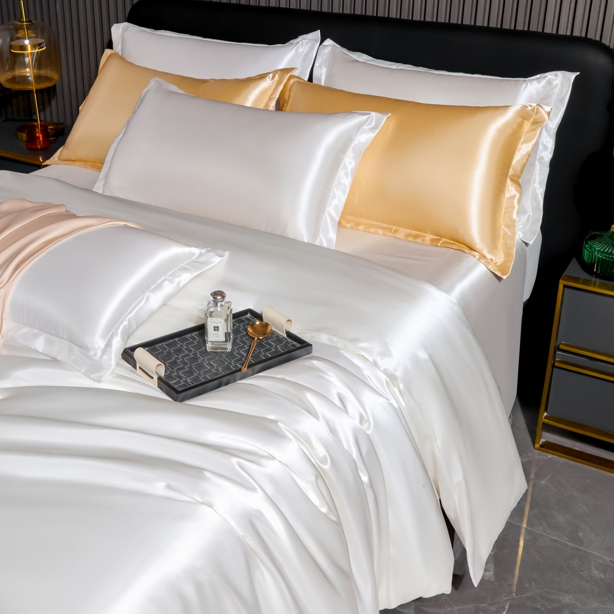 91家纺网 家纺一手货源 找家纺 （总）莱越家纺 2026夏季款高端轻奢水洗真丝四件套丝滑裸睡丝绸纯色冰丝四件套系列可承接外贸订货