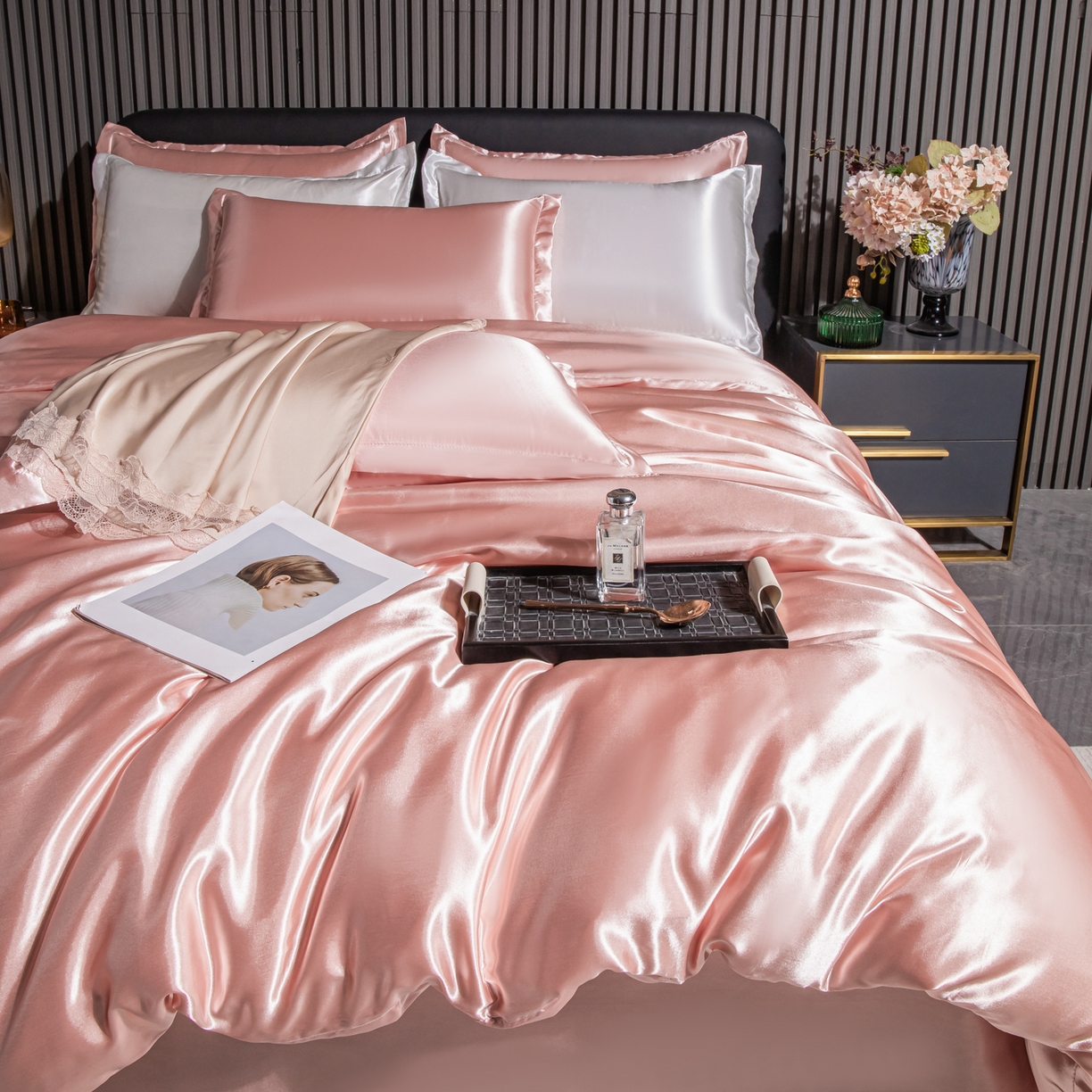 91家纺网 家纺一手货源 找家纺 （总）莱越家纺 2026夏季款高端轻奢水洗真丝四件套丝滑裸睡丝绸纯色冰丝四件套系列可承接外贸订货