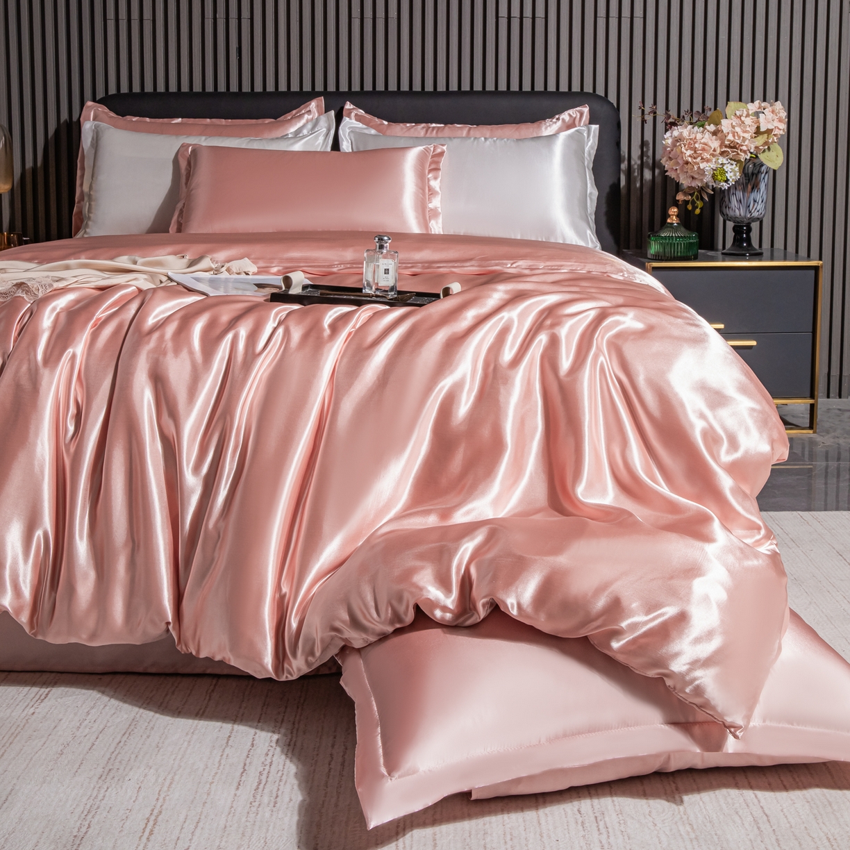 91家纺网 家纺一手货源 找家纺 （总）莱越家纺 2026夏季款高端轻奢水洗真丝四件套丝滑裸睡丝绸纯色冰丝四件套系列可承接外贸订货