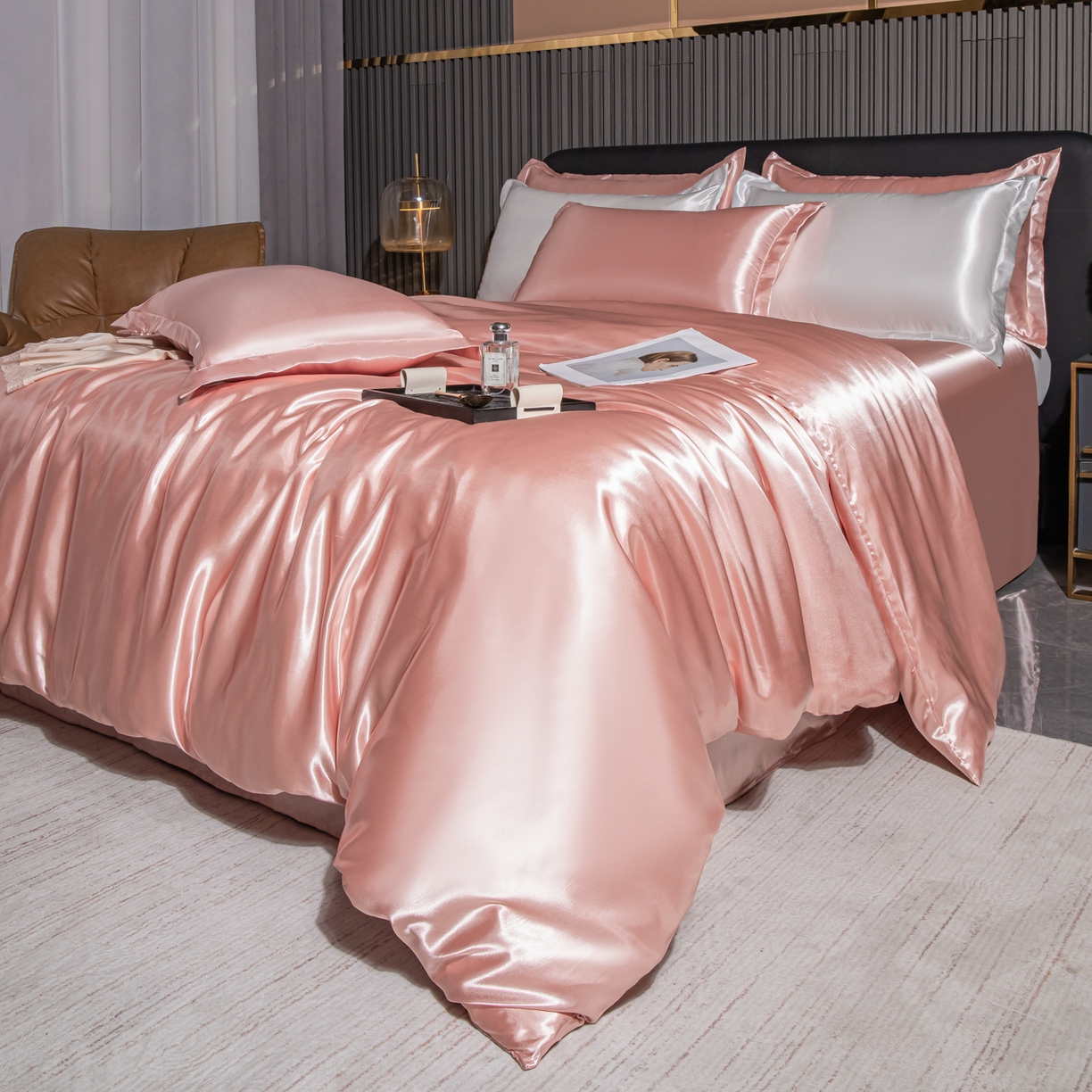 91家纺网 家纺一手货源 找家纺 （总）莱越家纺 2026夏季款高端轻奢水洗真丝四件套丝滑裸睡丝绸纯色冰丝四件套系列可承接外贸订货