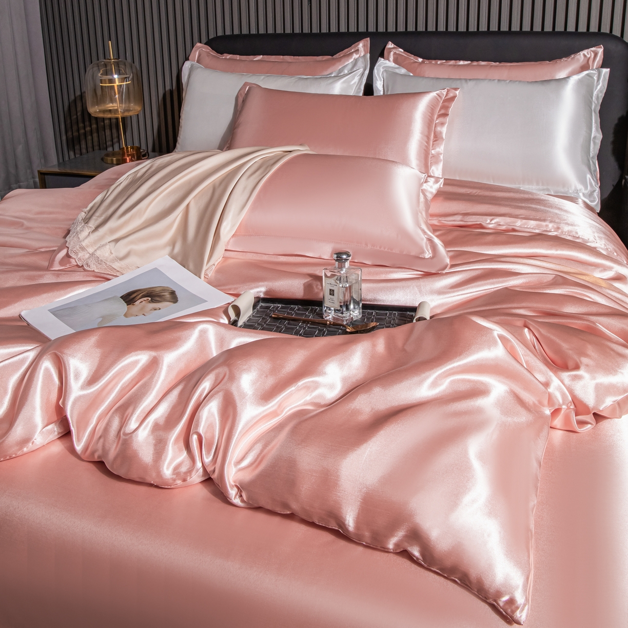 91家纺网 家纺一手货源 找家纺 （总）莱越家纺 2026夏季款高端轻奢水洗真丝四件套丝滑裸睡丝绸纯色冰丝四件套系列可承接外贸订货