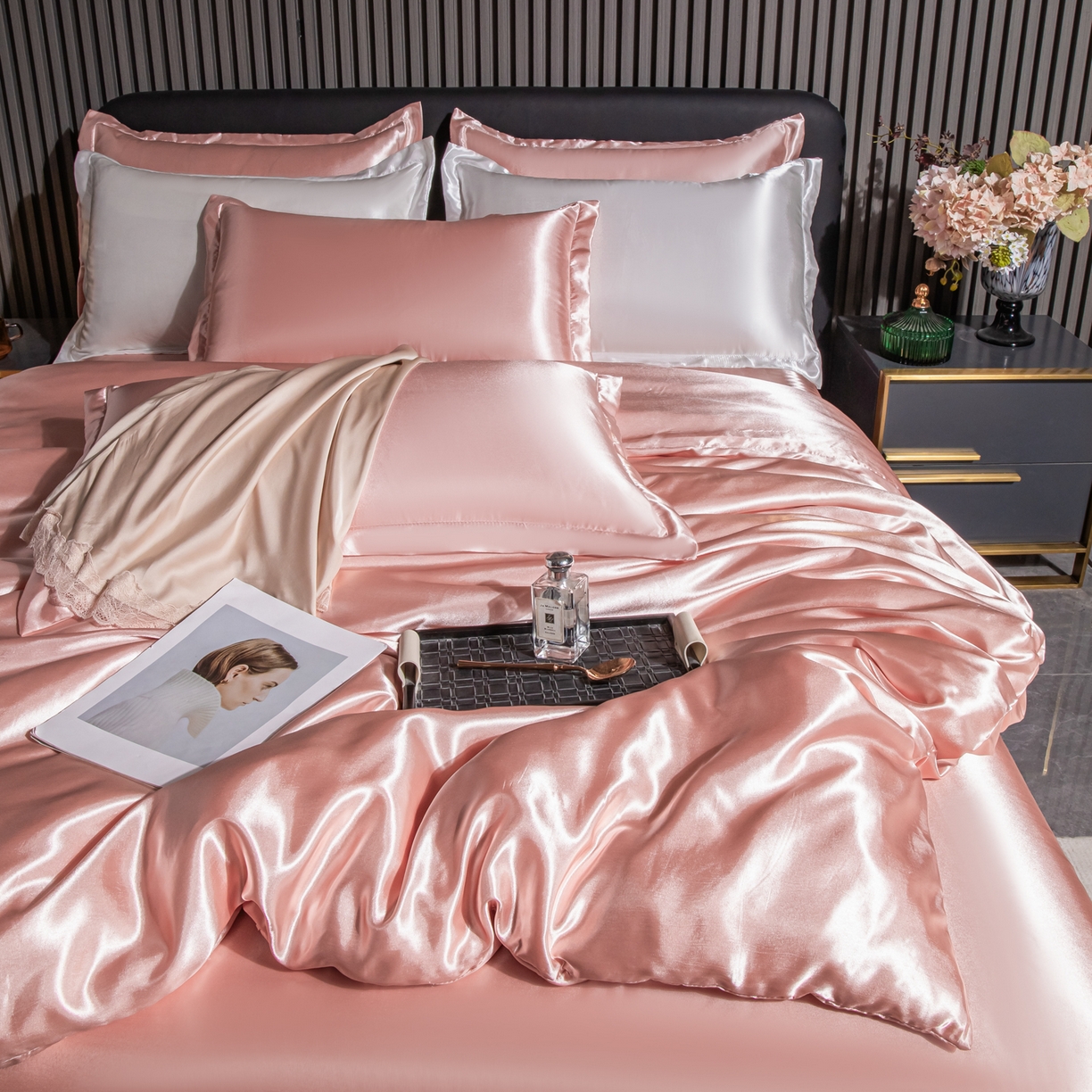 91家纺网 家纺一手货源 找家纺 （总）莱越家纺 2026夏季款高端轻奢水洗真丝四件套丝滑裸睡丝绸纯色冰丝四件套系列可承接外贸订货