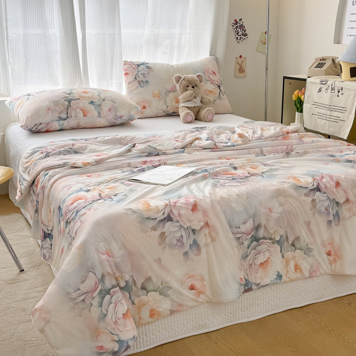 91家纺网 家纺一手货源 找家纺 默忆 2026新款凉感丝印花大豆纤维夏被空调被夏凉被 国色天香