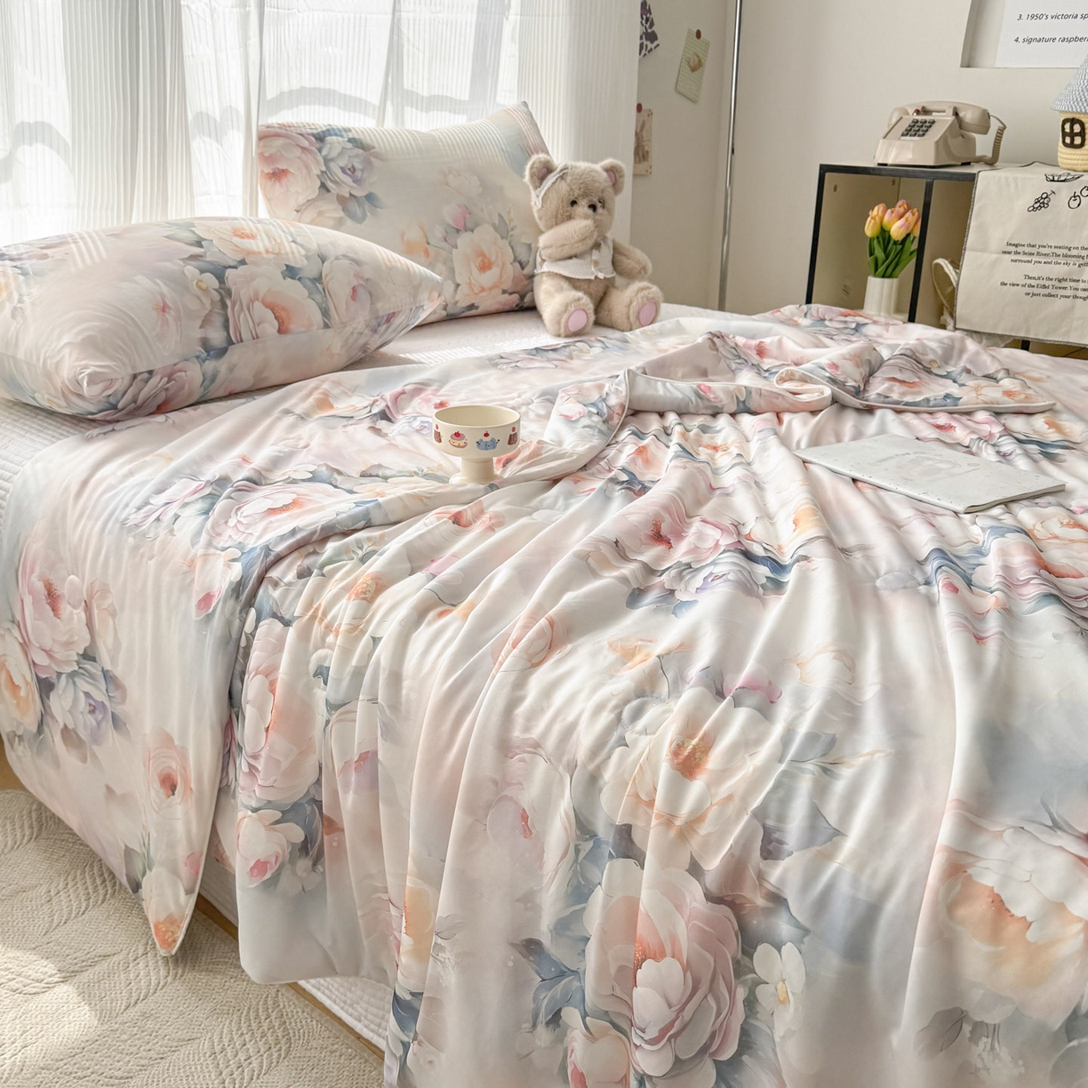 91家纺网 家纺一手货源 找家纺 默忆 2026新款凉感丝印花大豆纤维夏被空调被夏凉被 国色天香