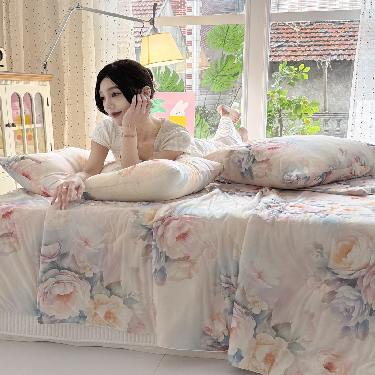 91家纺网 家纺一手货源 找家纺 默忆 2026新款凉感丝印花大豆纤维夏被空调被夏凉被 国色天香