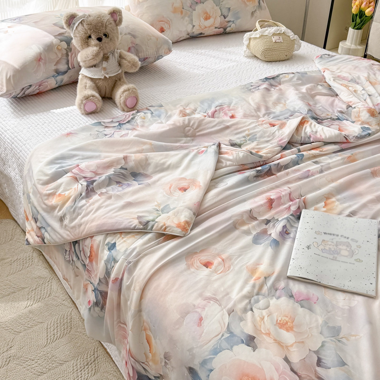 91家纺网 家纺一手货源 找家纺 默忆 2026新款凉感丝印花大豆纤维夏被空调被夏凉被 国色天香