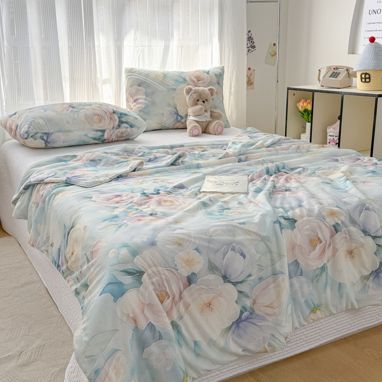 91家纺网 家纺一手货源 找家纺 默忆 2026新款凉感丝印花大豆纤维夏被空调被夏凉被 墨韵