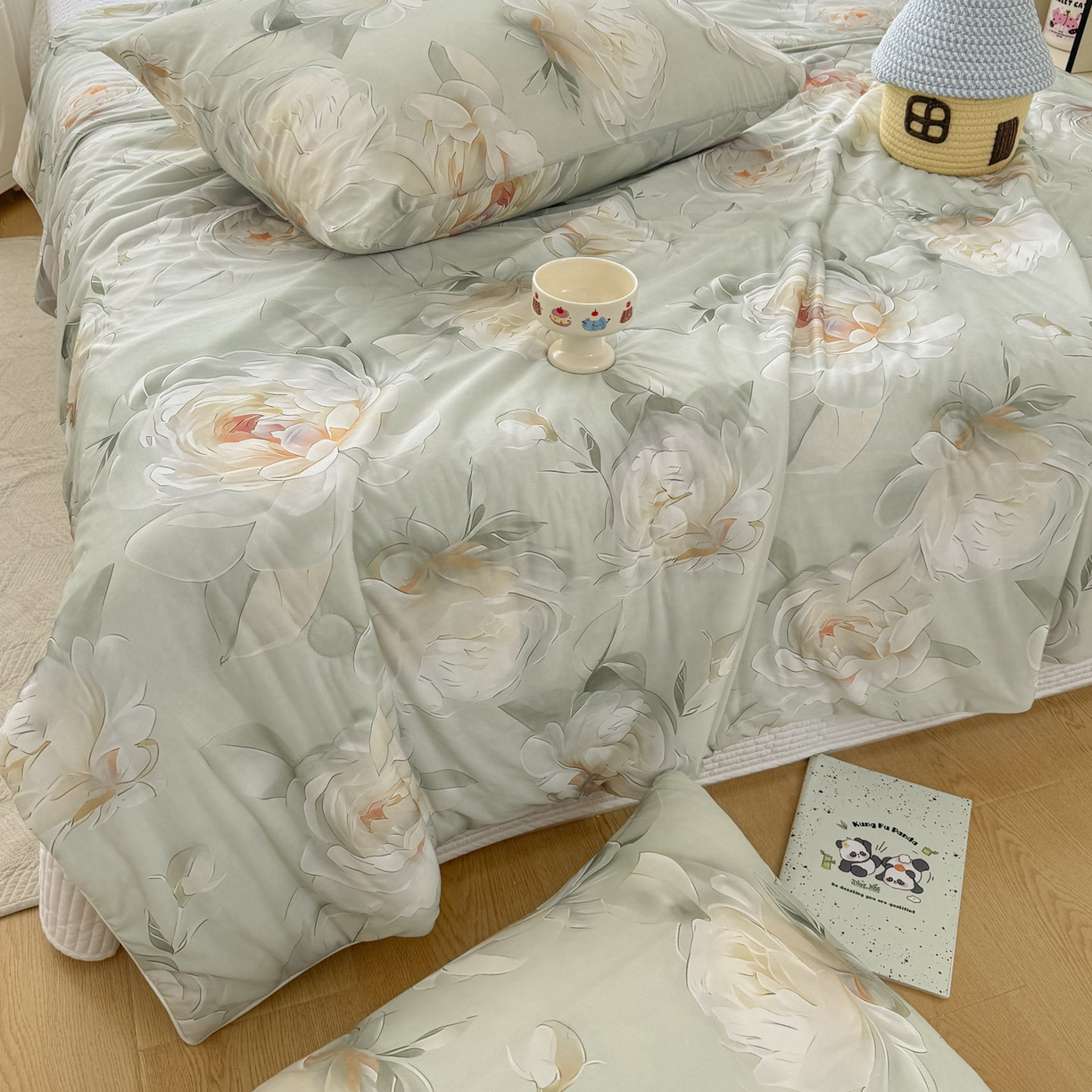 91家纺网 家纺一手货源 找家纺 默忆 2026新款凉感丝印花大豆纤维夏被空调被夏凉被 浓情蜜意绿
