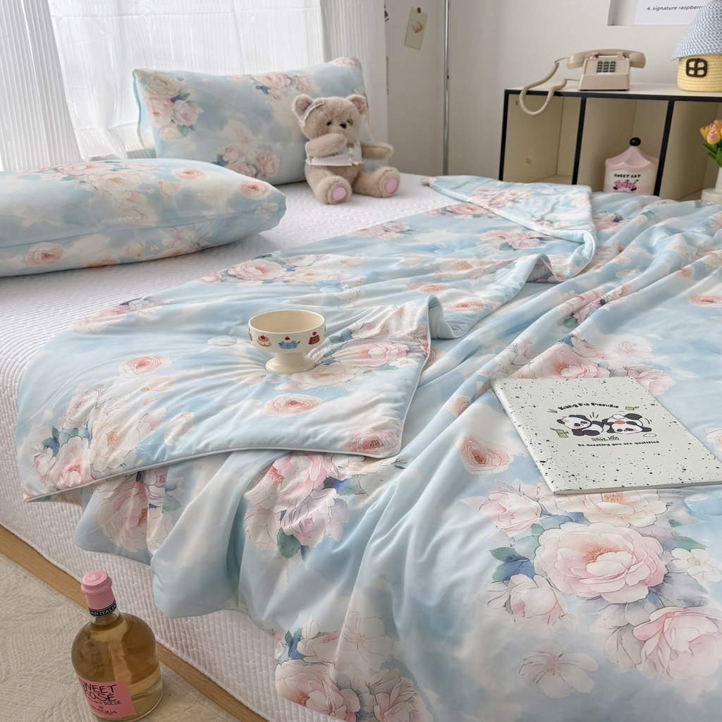 91家纺网 家纺一手货源 找家纺 默忆 2026新款凉感丝印花大豆纤维夏被空调被夏凉被 轻风细语