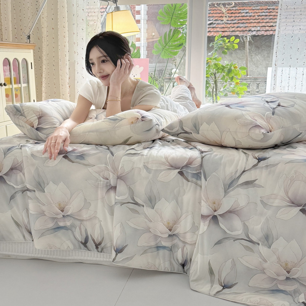 91家纺网 家纺一手货源 找家纺 默忆 2026新款凉感丝印花大豆纤维夏被空调被夏凉被 玉兰谷