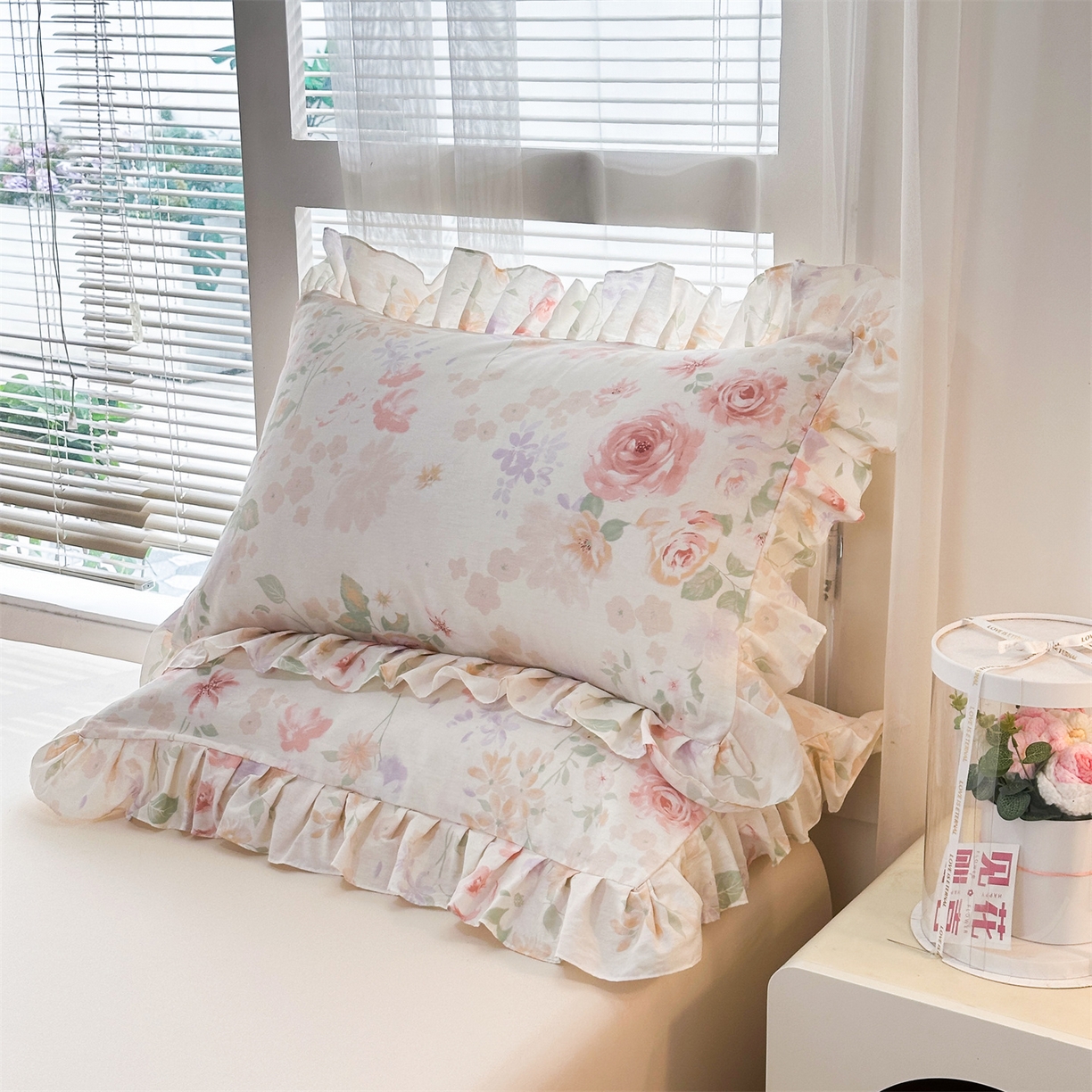 91家纺网 家纺一手货源 找家纺 忘忧草 2026新款全棉纯棉印花精致花边枕套单枕套 枕套单件 雾飞花