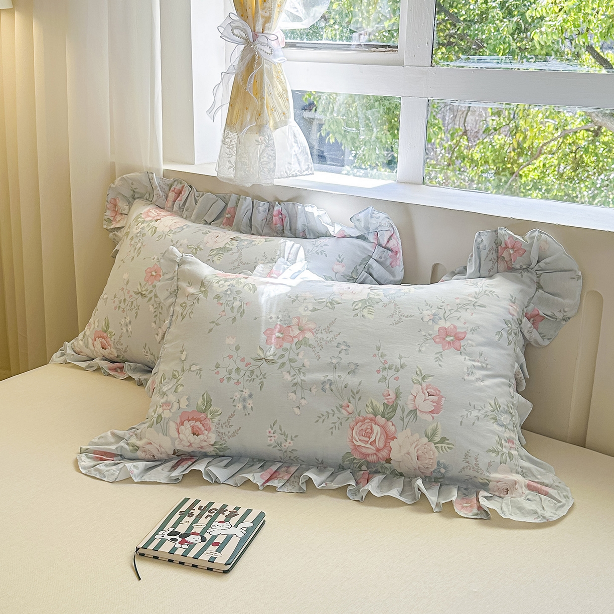 忘忧草 2026新款全棉纯棉印花精致花边枕套单枕套 枕套单件 华庭庄园-蓝