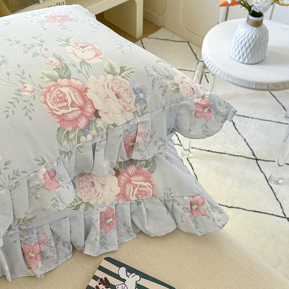 91家纺网 家纺一手货源 找家纺 忘忧草 2026新款全棉纯棉印花精致花边枕套单枕套 枕套单件 华庭庄园-蓝