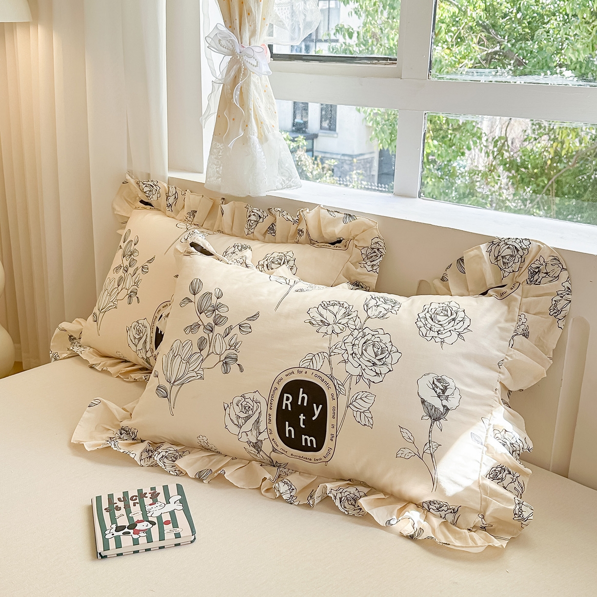 忘忧草 2026新款全棉纯棉印花精致花边枕套单枕套 枕套单件 宁静花开