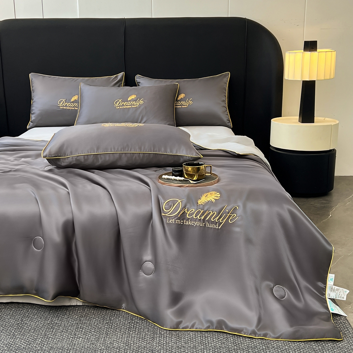 91家纺网 家纺一手货源 找家纺 鑫佰利 2026新款水洗冰丝刺绣夏被夏凉被空调被 苍穹灰拼星灰