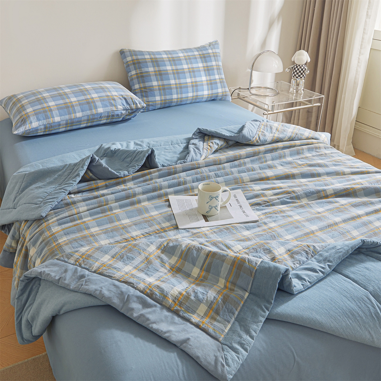 91家纺网 家纺一手货源 找家纺 鑫佰利 2026新款A类水洗棉新疆棉花夏被夏凉被空调被 简兮蓝