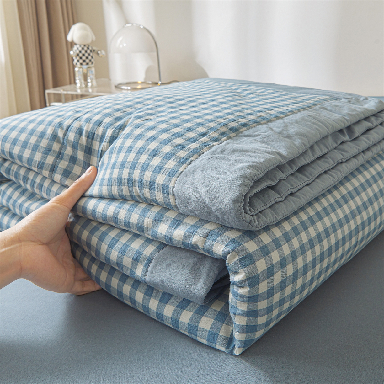 91家纺网 家纺一手货源 找家纺 鑫佰利 2026新款A类水洗棉新疆棉花夏被夏凉被空调被 蓝小格