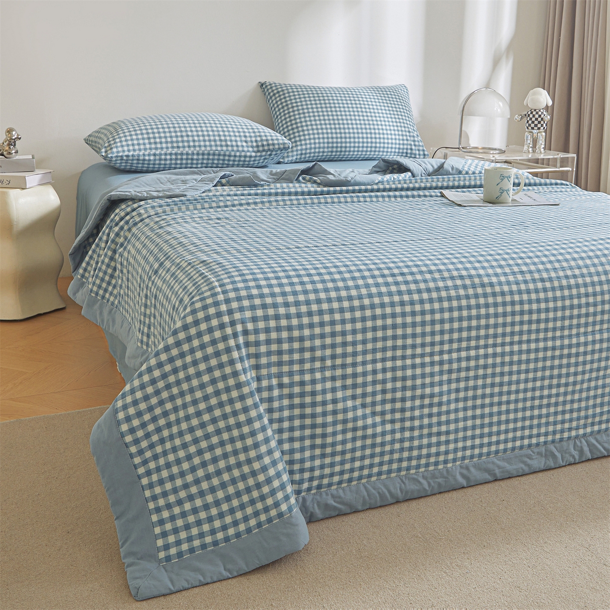 91家纺网 家纺一手货源 找家纺 鑫佰利 2026新款A类水洗棉新疆棉花夏被夏凉被空调被 蓝小格