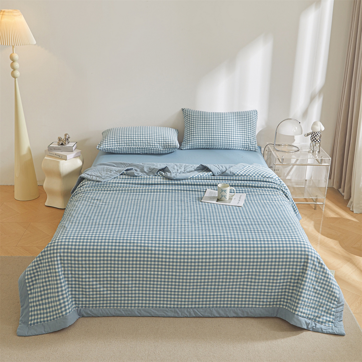 91家纺网 家纺一手货源 找家纺 鑫佰利 2026新款A类水洗棉新疆棉花夏被夏凉被空调被 蓝小格