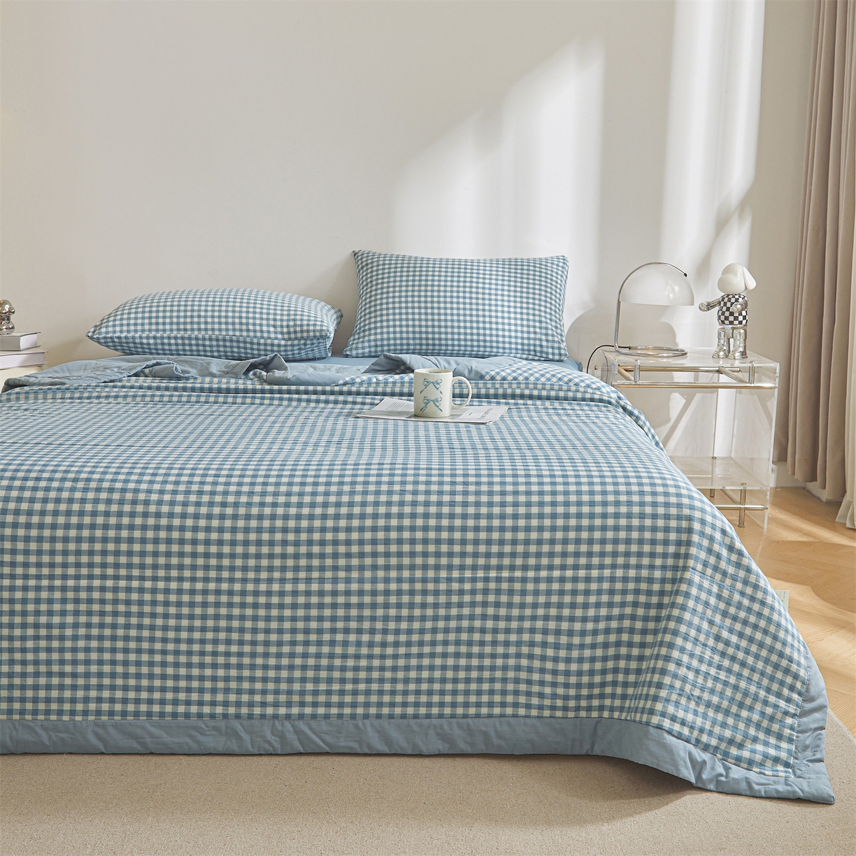 91家纺网 家纺一手货源 找家纺 鑫佰利 2026新款A类水洗棉新疆棉花夏被夏凉被空调被 蓝小格