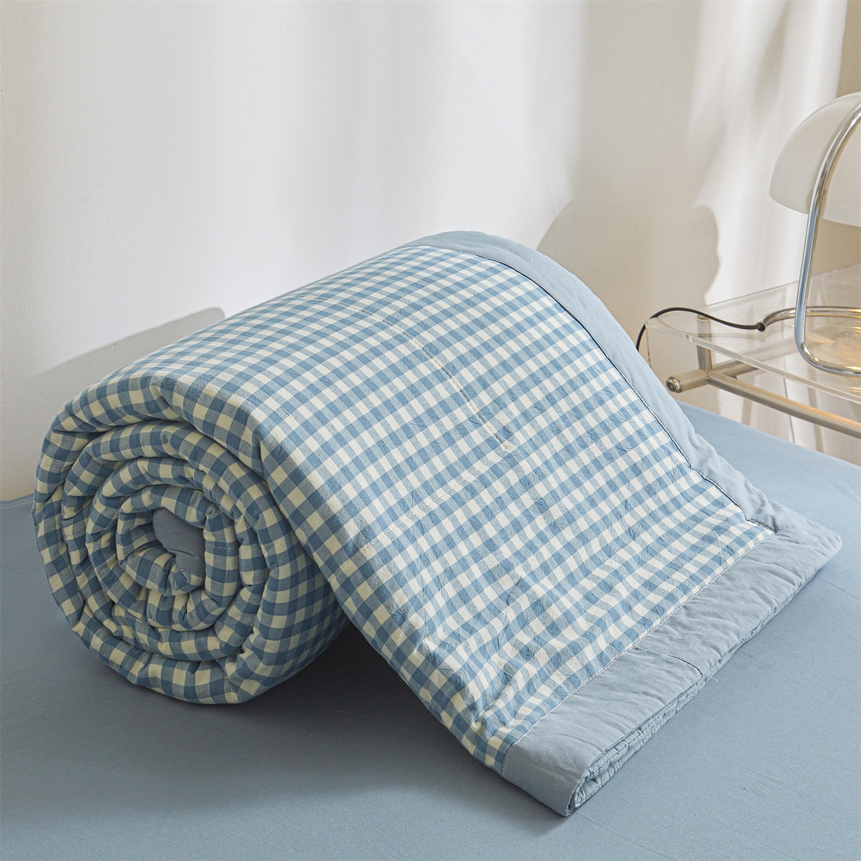 91家纺网 家纺一手货源 找家纺 鑫佰利 2026新款A类水洗棉新疆棉花夏被夏凉被空调被 蓝小格