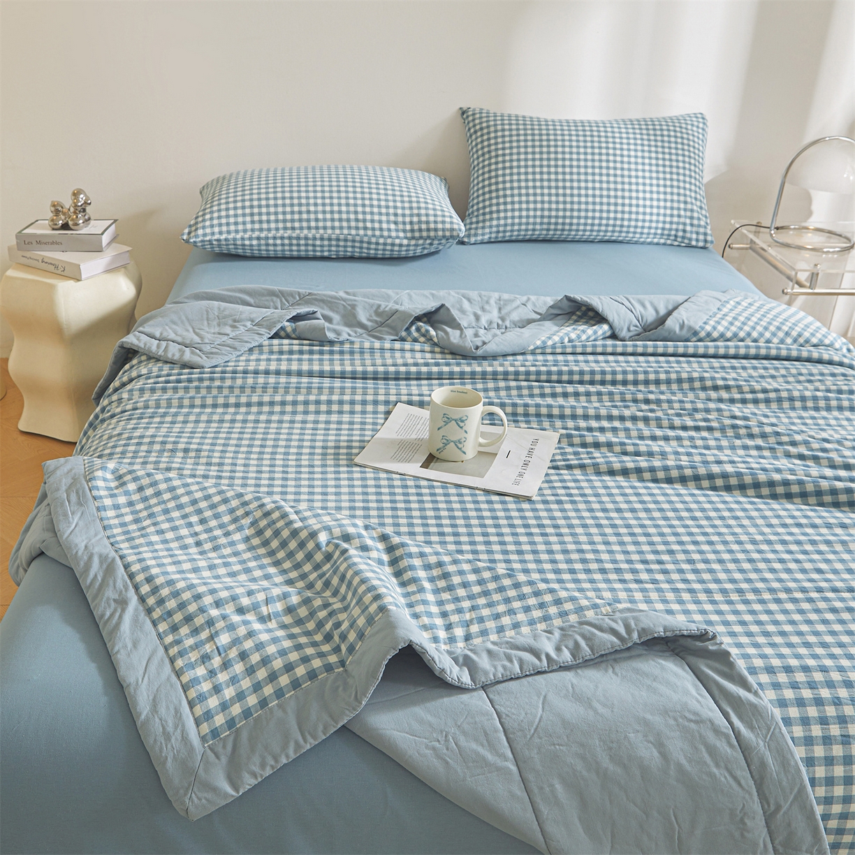 91家纺网 家纺一手货源 找家纺 鑫佰利 2026新款A类水洗棉新疆棉花夏被夏凉被空调被 蓝小格