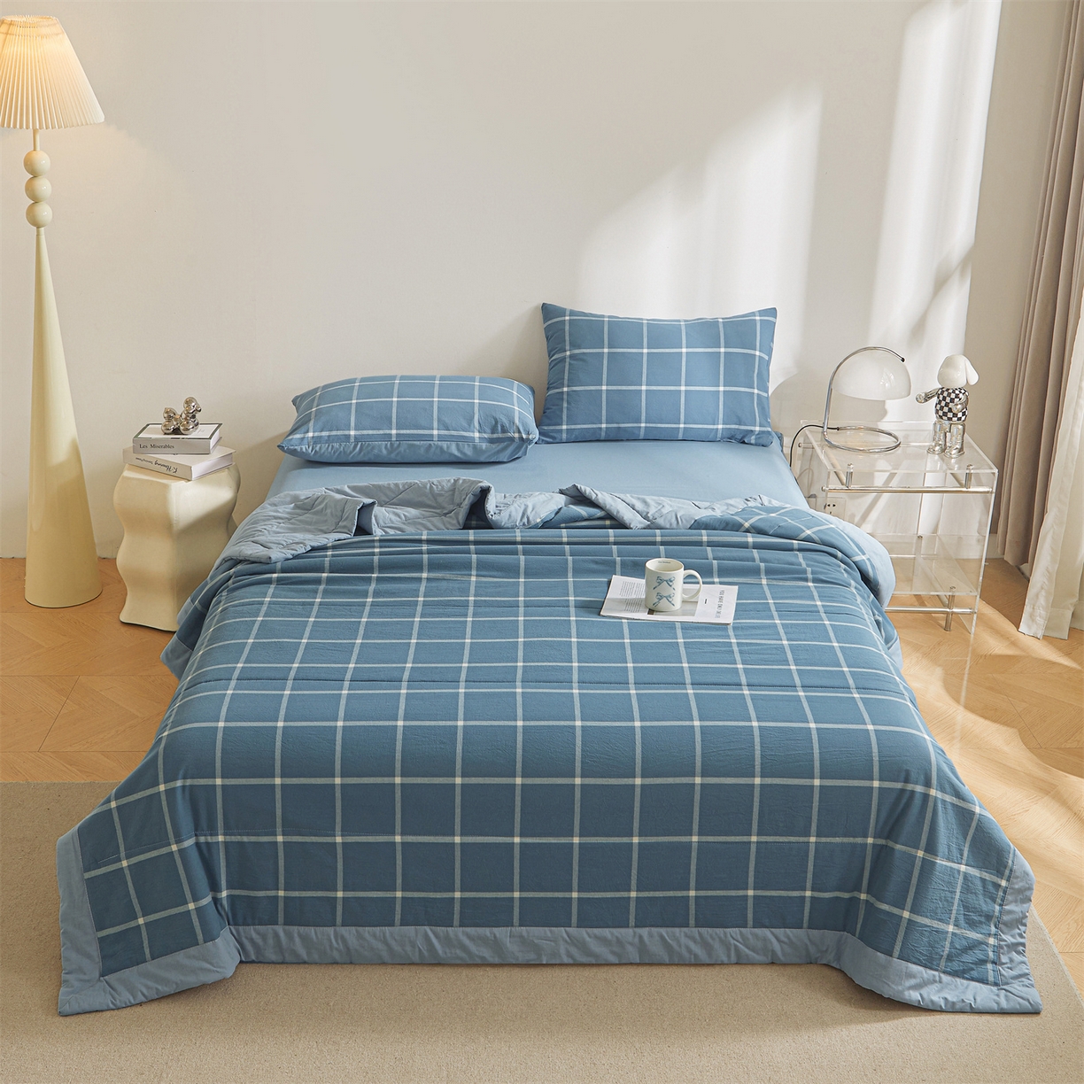 91家纺网 家纺一手货源 找家纺 鑫佰利 2026新款A类水洗棉新疆棉花夏被夏凉被空调被 海蓝大格