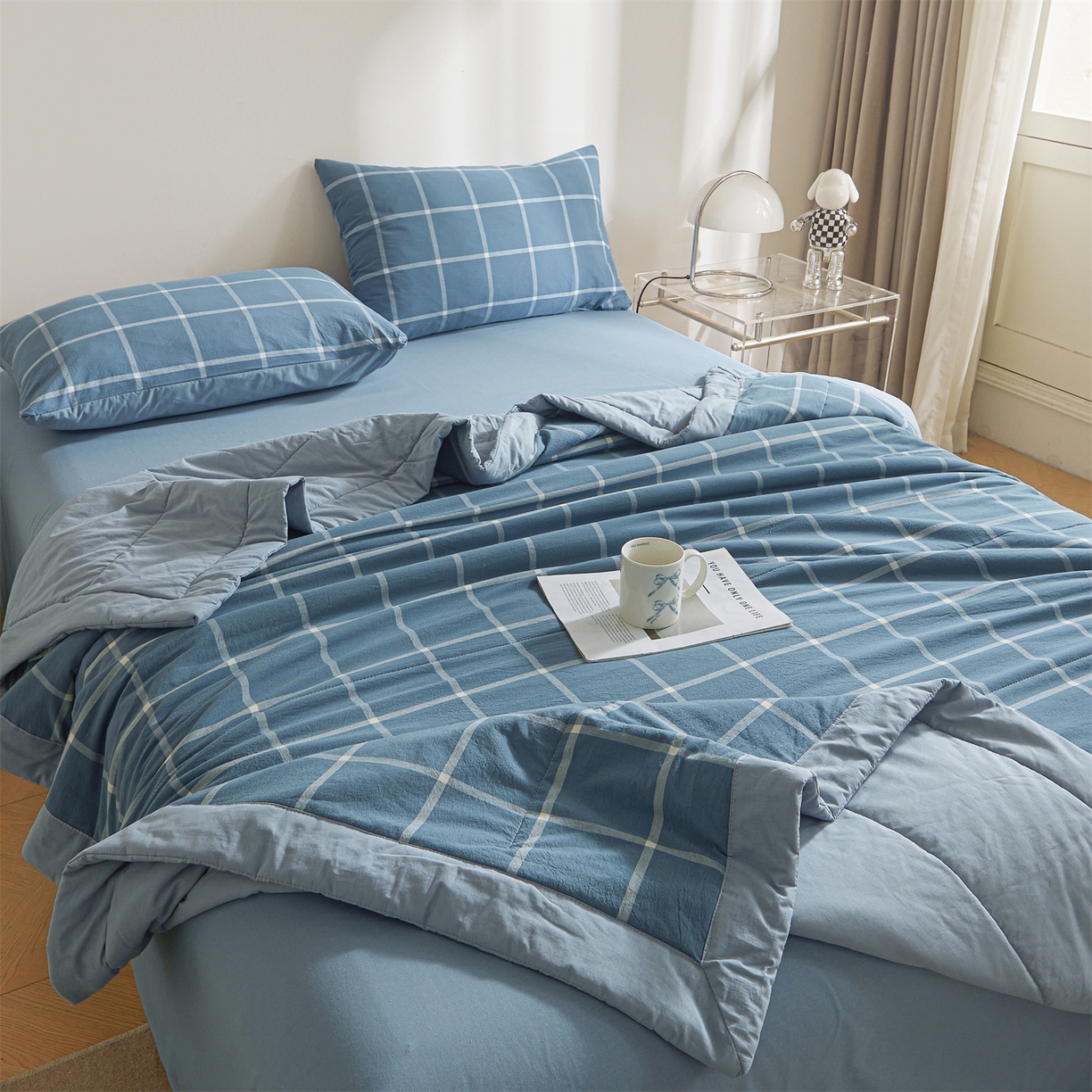 91家纺网 家纺一手货源 找家纺 鑫佰利 2026新款A类水洗棉新疆棉花夏被夏凉被空调被 海蓝大格