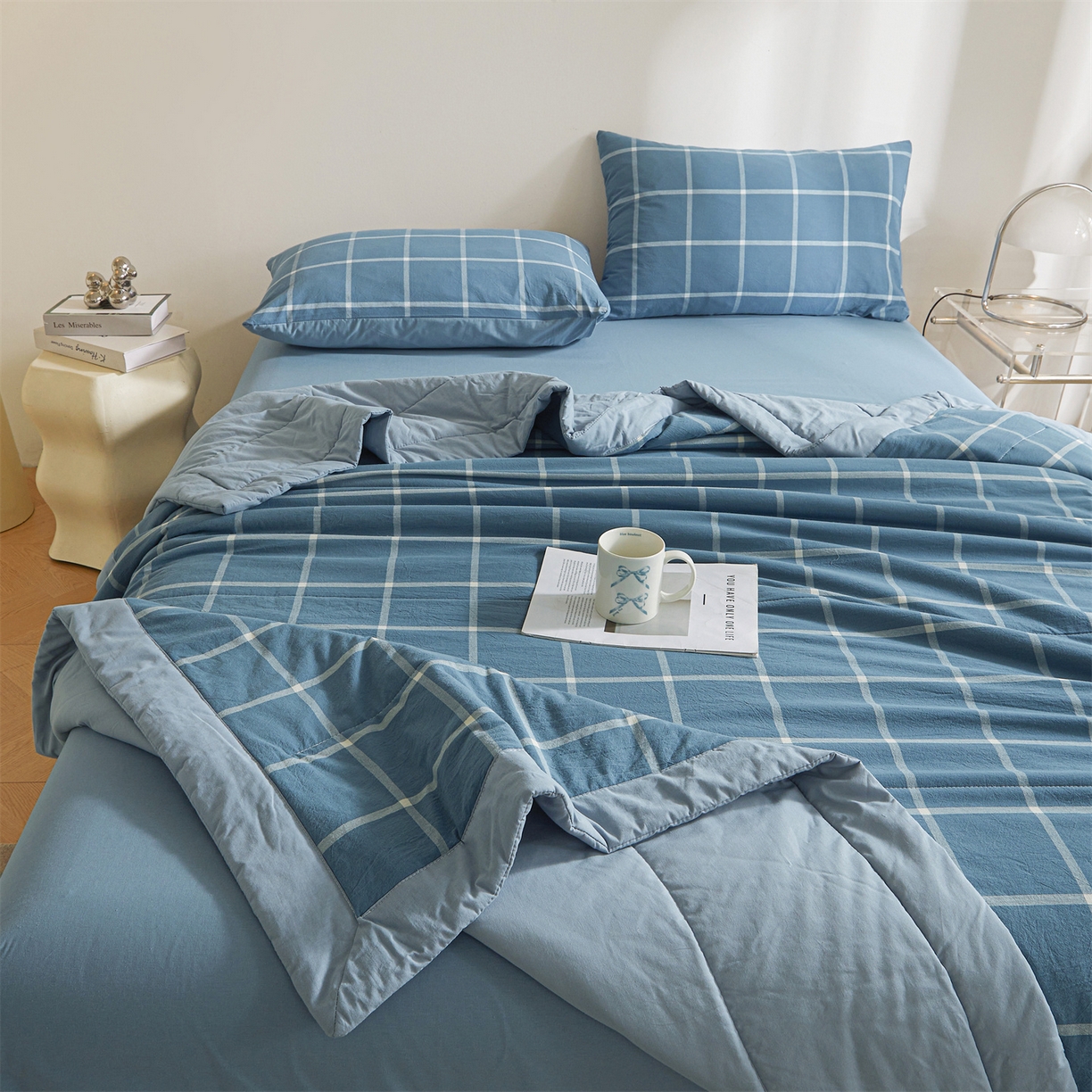 91家纺网 家纺一手货源 找家纺 鑫佰利 2026新款A类水洗棉新疆棉花夏被夏凉被空调被 海蓝大格