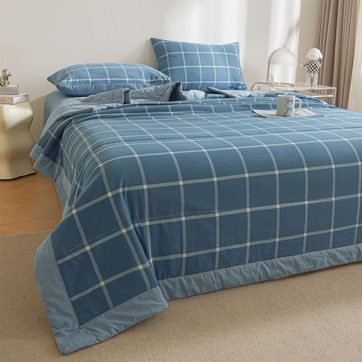 91家纺网 家纺一手货源 找家纺 鑫佰利 2026新款A类水洗棉新疆棉花夏被夏凉被空调被 海蓝大格