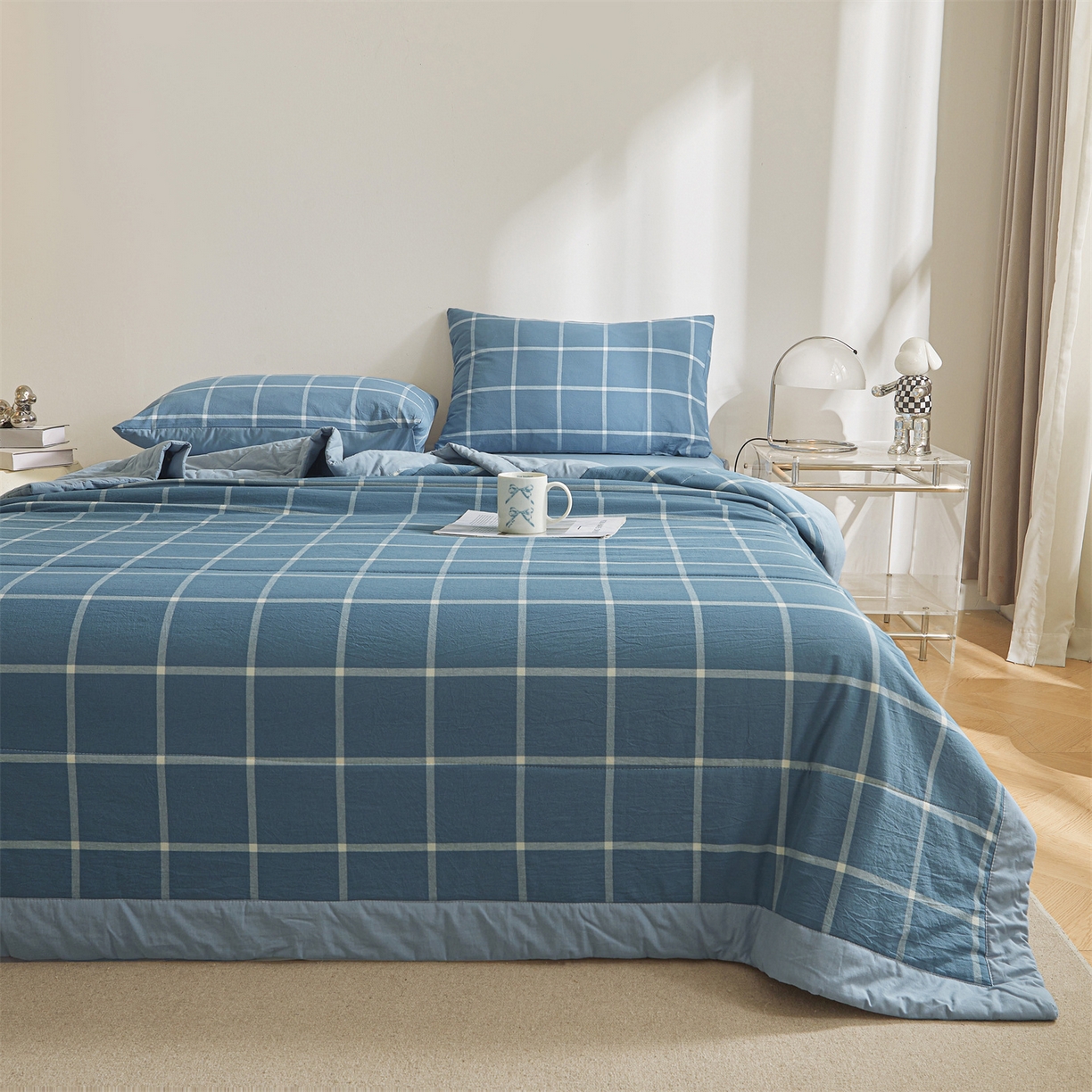 91家纺网 家纺一手货源 找家纺 鑫佰利 2026新款A类水洗棉新疆棉花夏被夏凉被空调被 海蓝大格