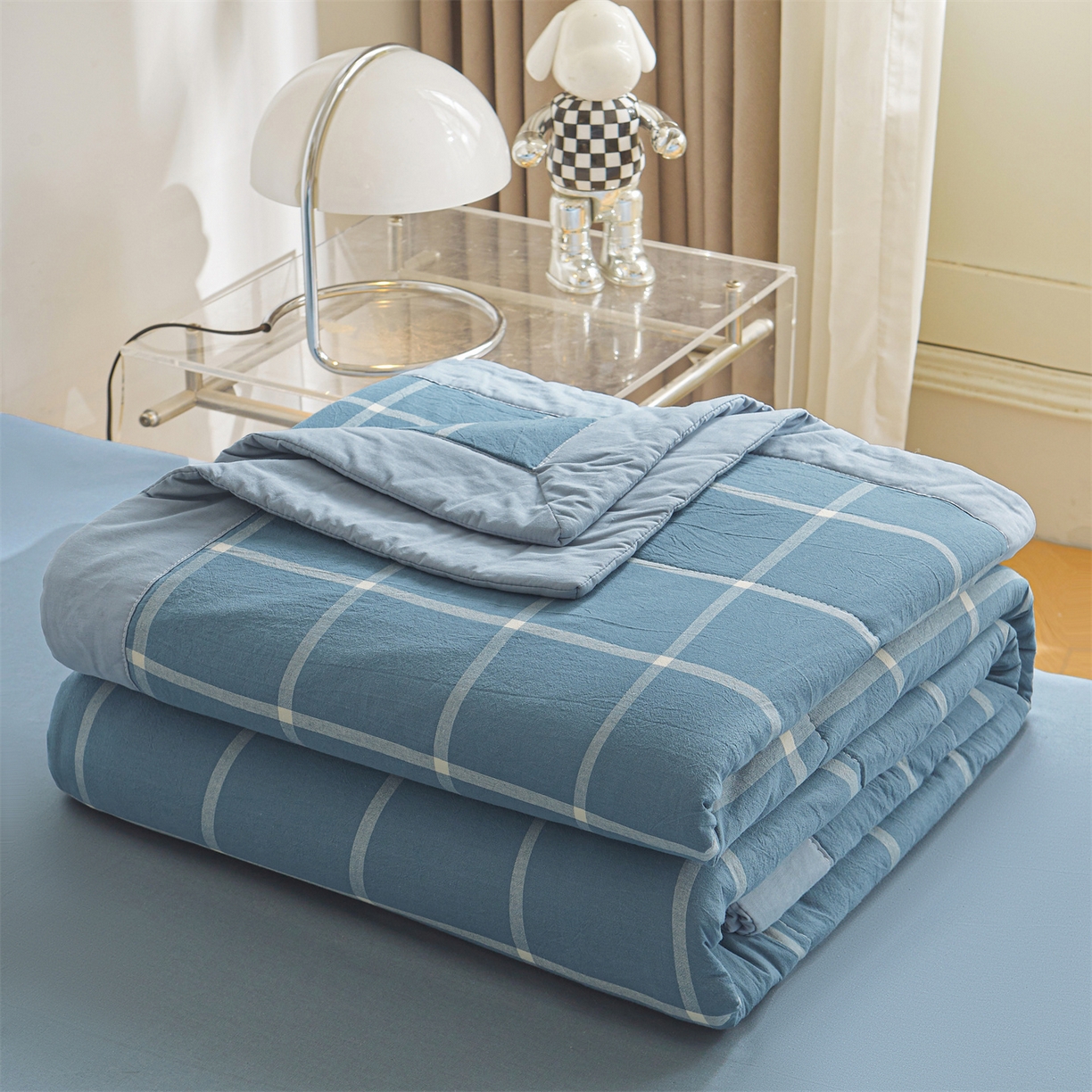 91家纺网 家纺一手货源 找家纺 鑫佰利 2026新款A类水洗棉新疆棉花夏被夏凉被空调被 海蓝大格