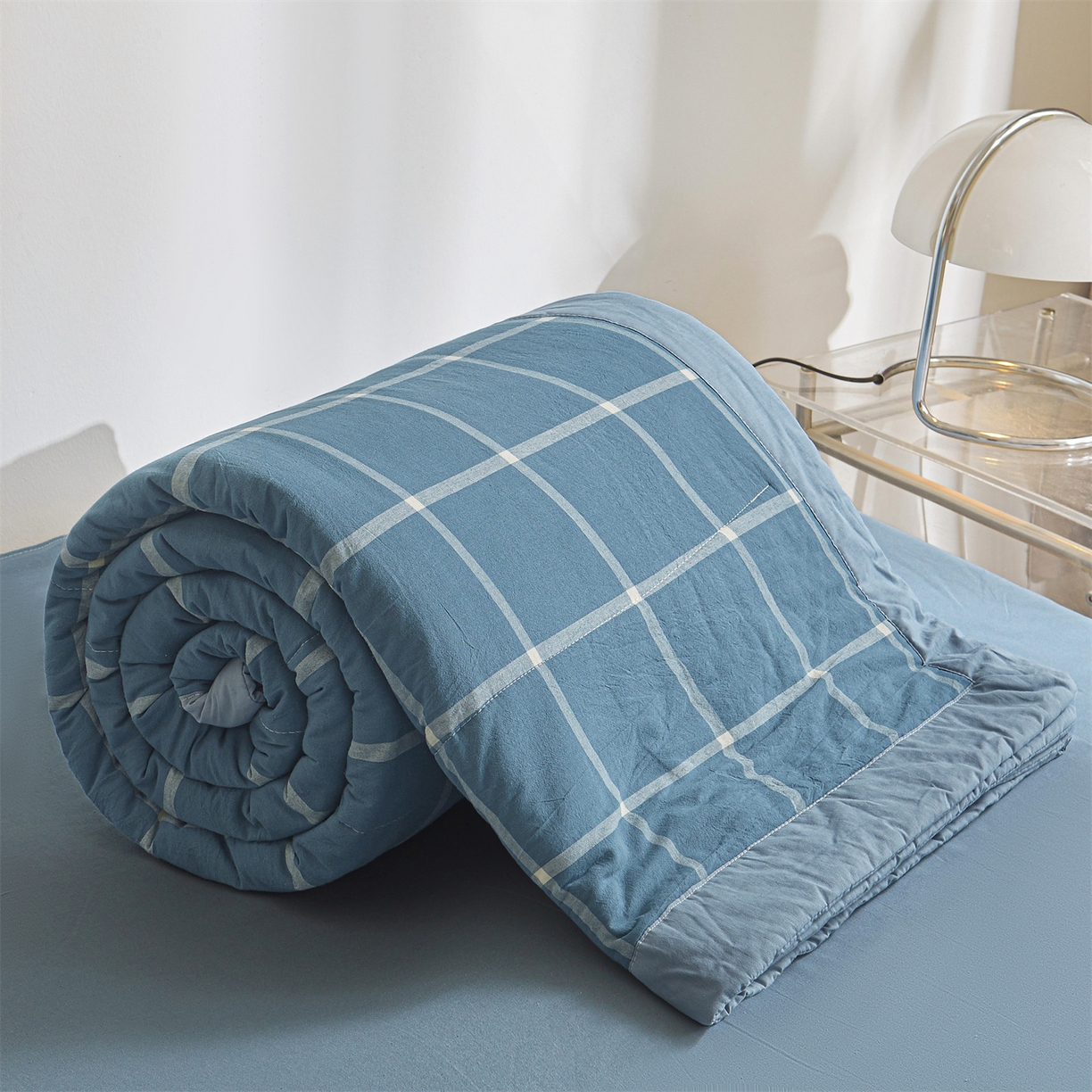 91家纺网 家纺一手货源 找家纺 鑫佰利 2026新款A类水洗棉新疆棉花夏被夏凉被空调被 海蓝大格