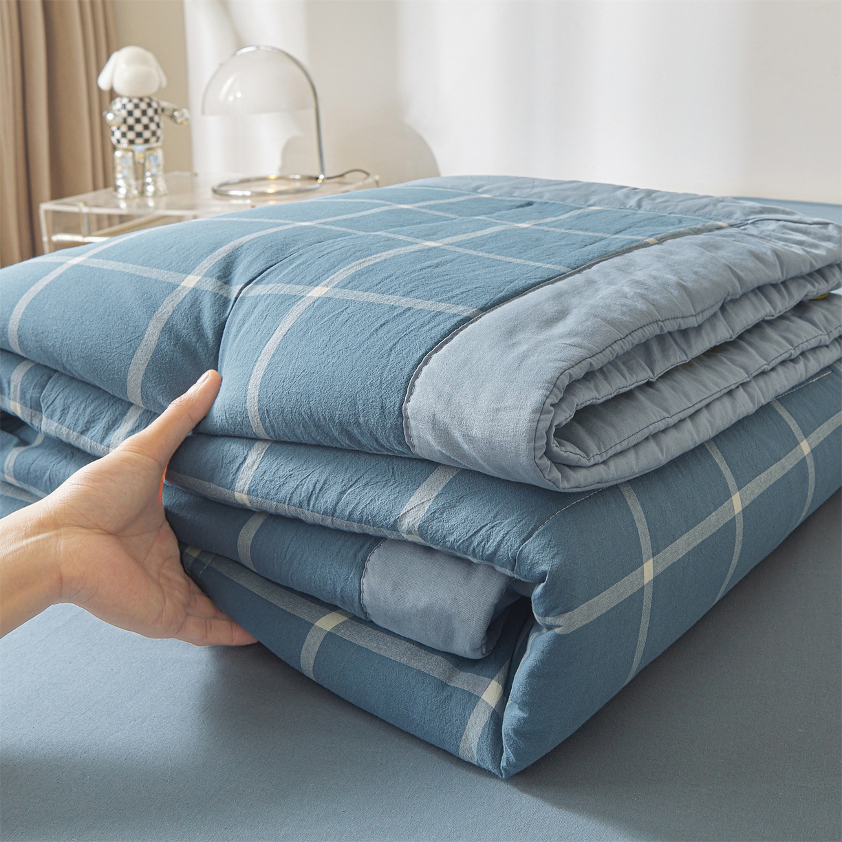 91家纺网 家纺一手货源 找家纺 鑫佰利 2026新款A类水洗棉新疆棉花夏被夏凉被空调被 海蓝大格