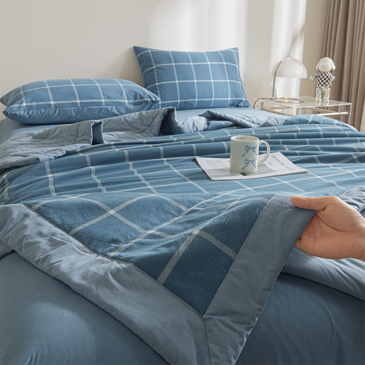 91家纺网 家纺一手货源 找家纺 鑫佰利 2026新款A类水洗棉新疆棉花夏被夏凉被空调被 海蓝大格