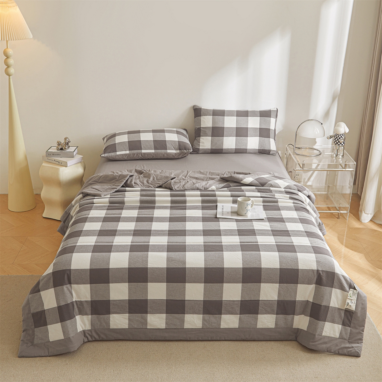 91家纺网 家纺一手货源 找家纺 鑫佰利 2026新款A类水洗棉新疆棉花夏被夏凉被空调被 灰中格