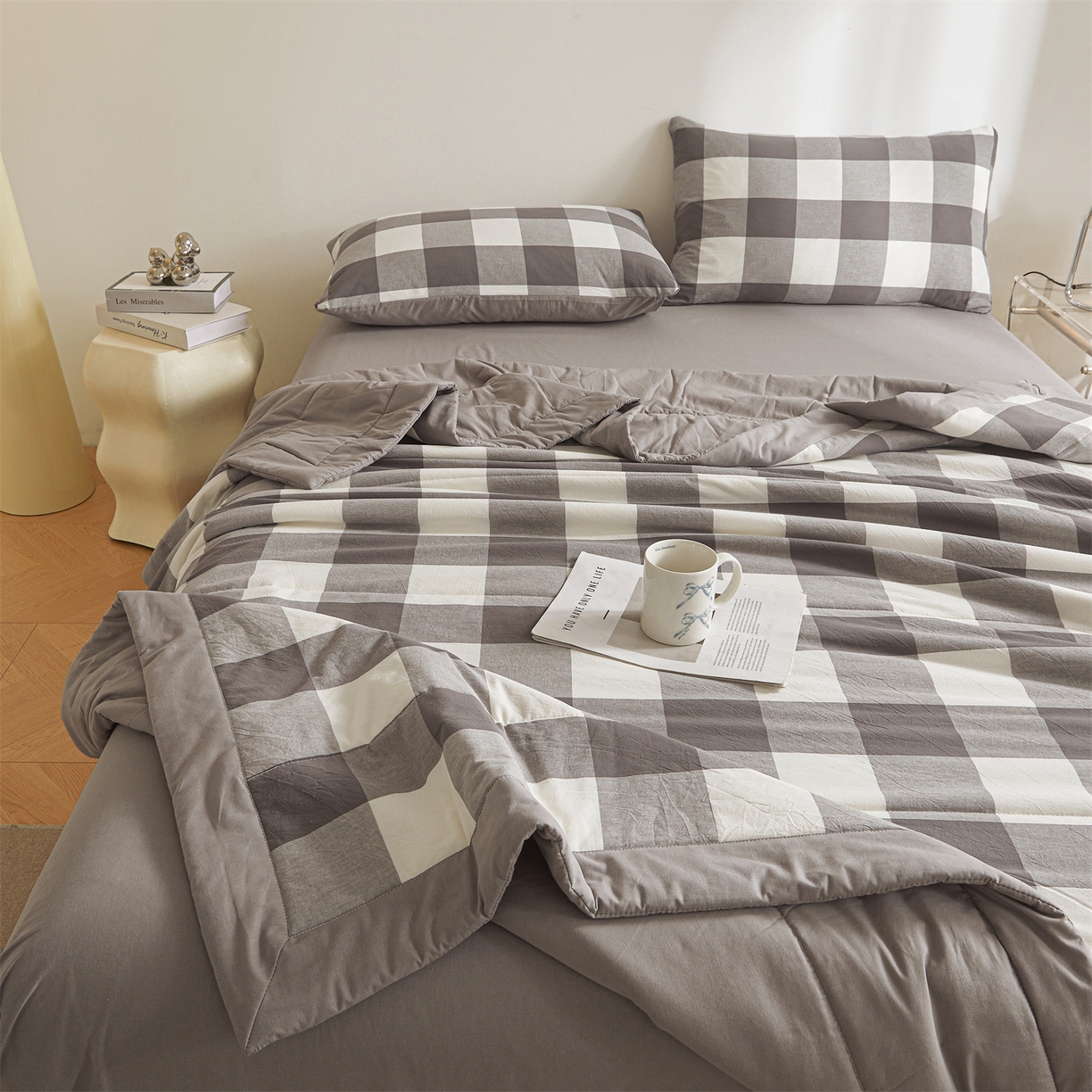 91家纺网 家纺一手货源 找家纺 鑫佰利 2026新款A类水洗棉新疆棉花夏被夏凉被空调被 灰中格