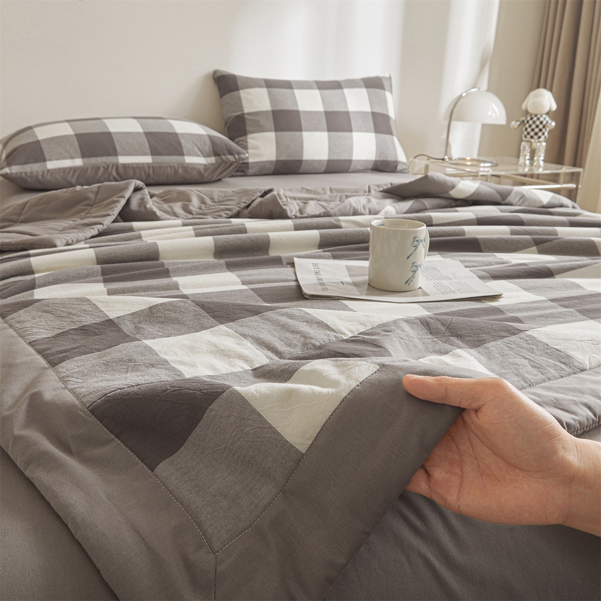 91家纺网 家纺一手货源 找家纺 鑫佰利 2026新款A类水洗棉新疆棉花夏被夏凉被空调被 灰中格