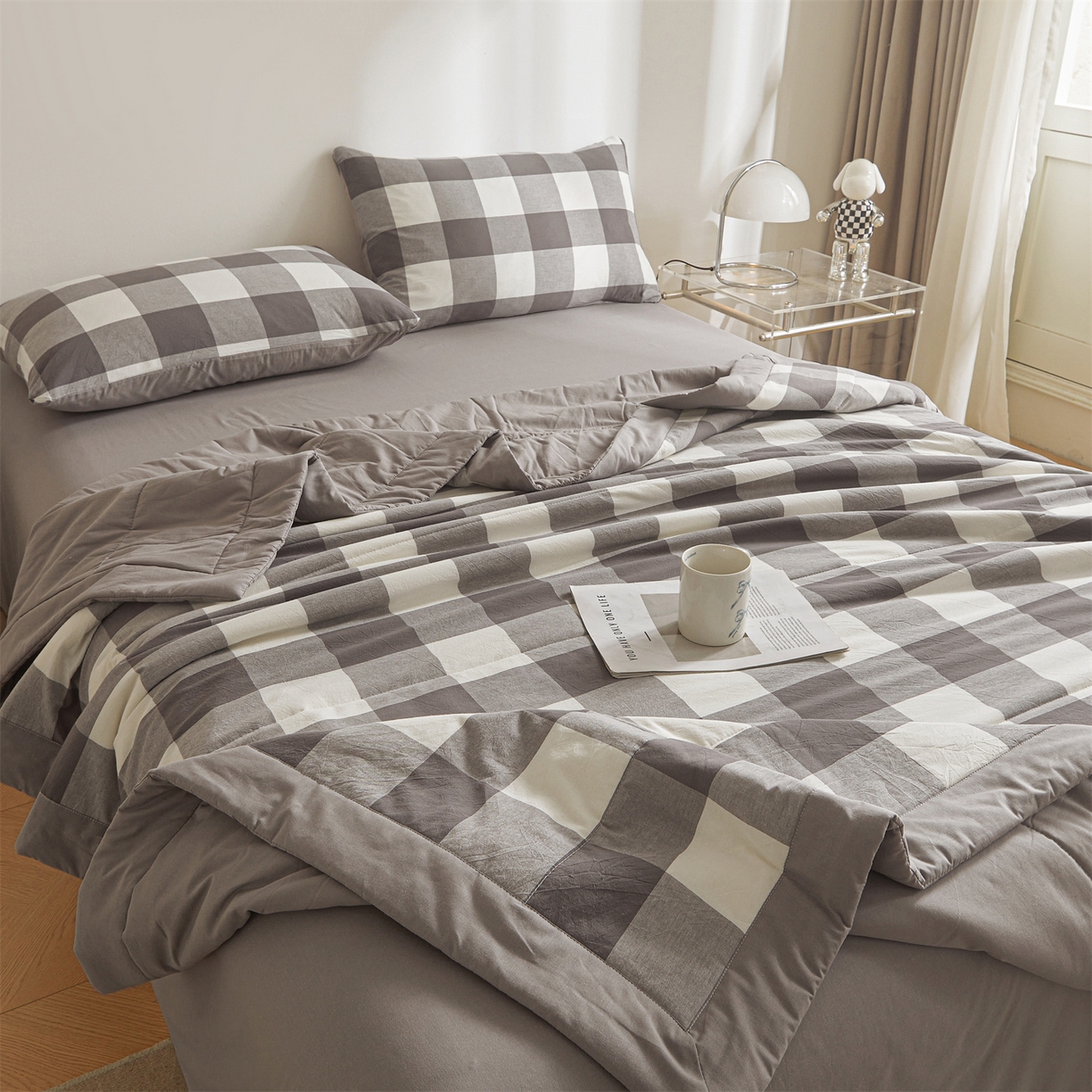 91家纺网 家纺一手货源 找家纺 鑫佰利 2026新款A类水洗棉新疆棉花夏被夏凉被空调被 灰中格