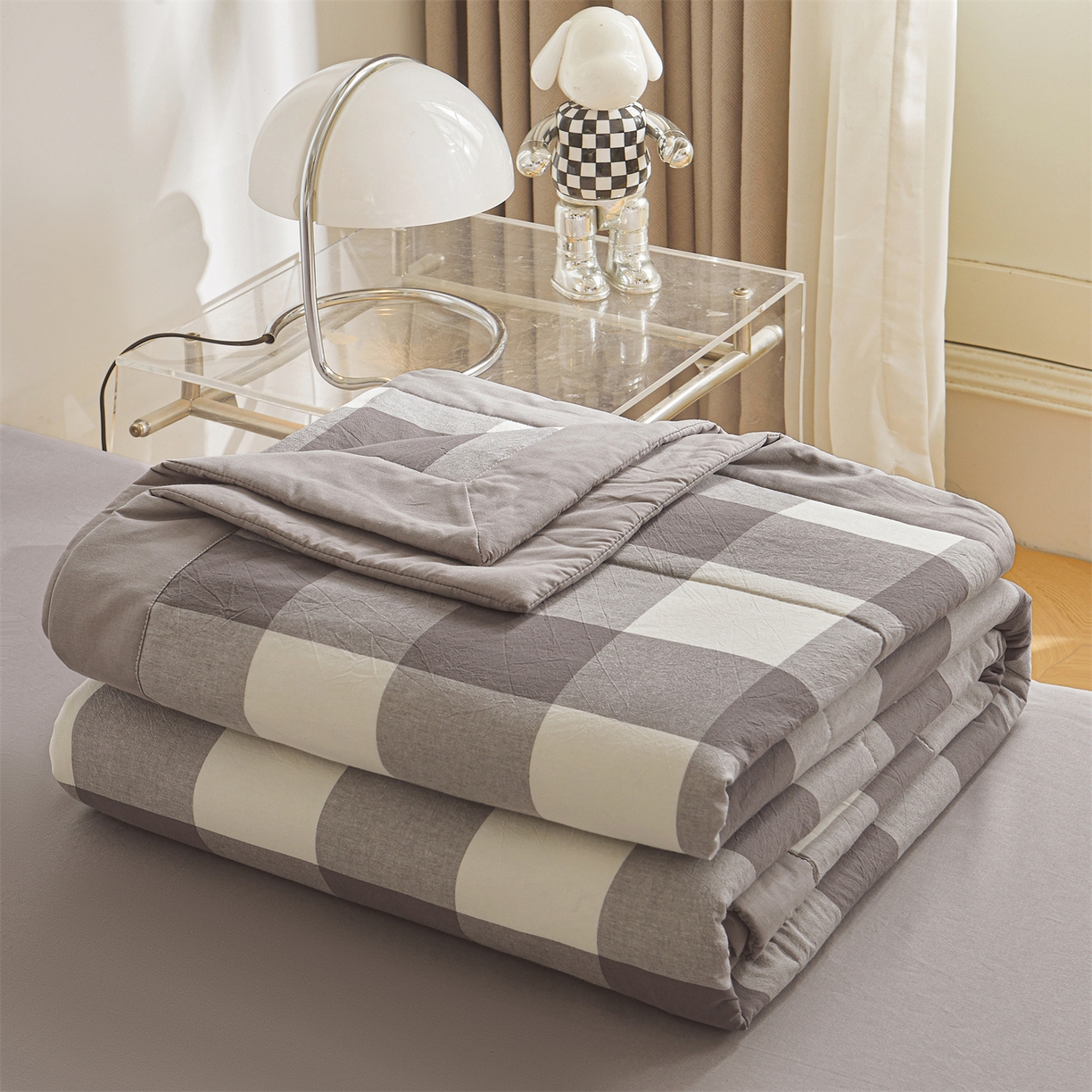 91家纺网 家纺一手货源 找家纺 鑫佰利 2026新款A类水洗棉新疆棉花夏被夏凉被空调被 灰中格