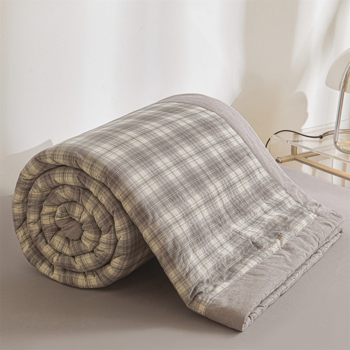 91家纺网 家纺一手货源 找家纺 鑫佰利 2026新款A类水洗棉新疆棉花夏被夏凉被空调被 格韵灰