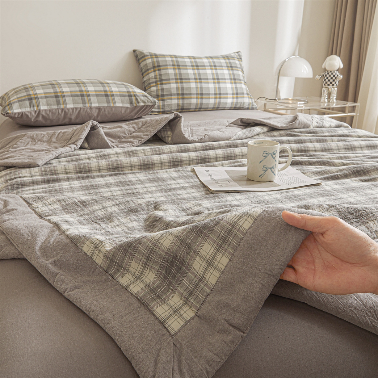 91家纺网 家纺一手货源 找家纺 鑫佰利 2026新款A类水洗棉新疆棉花夏被夏凉被空调被 格韵灰