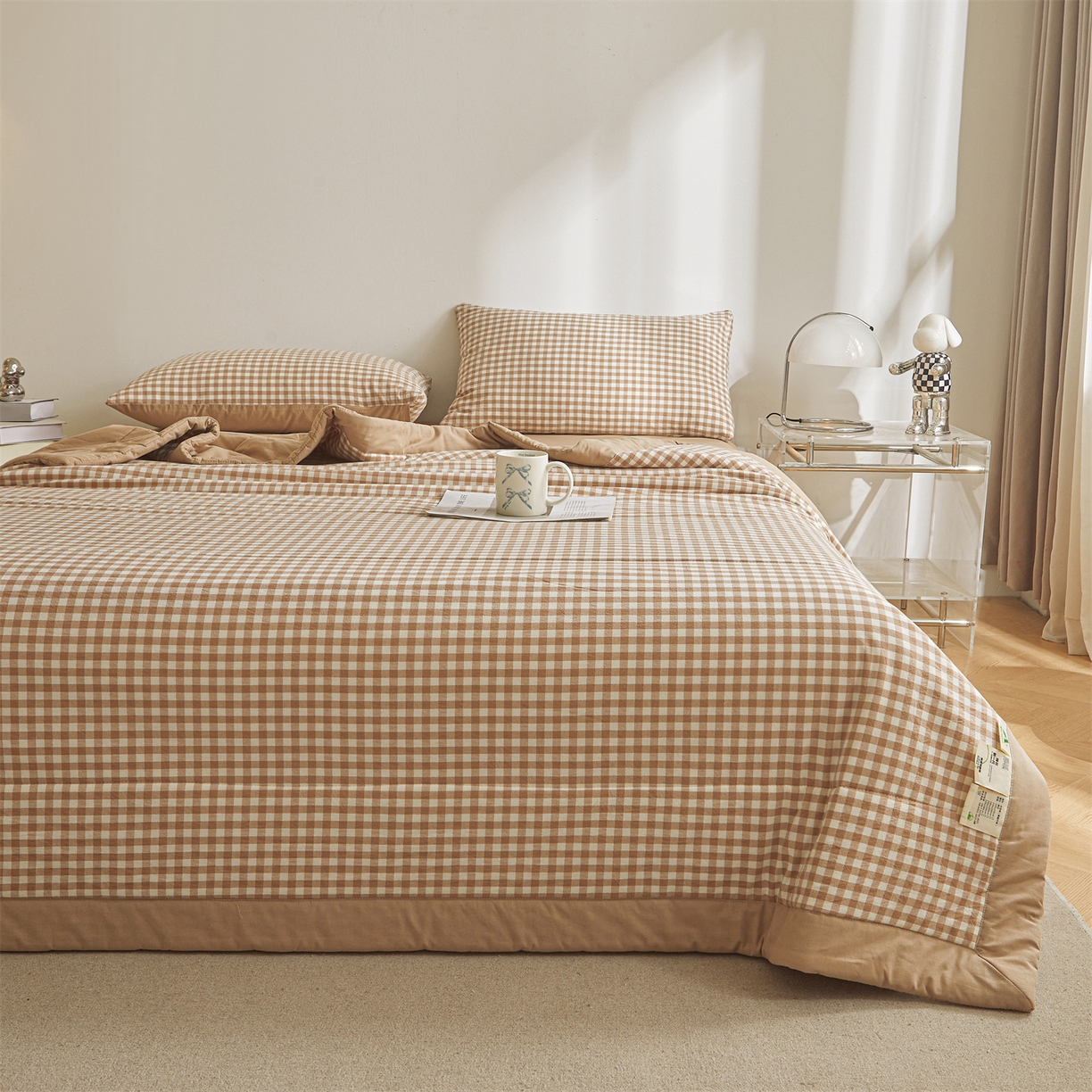 91家纺网 家纺一手货源 找家纺 鑫佰利 2026新款A类水洗棉新疆棉花夏被夏凉被空调被 咖小格